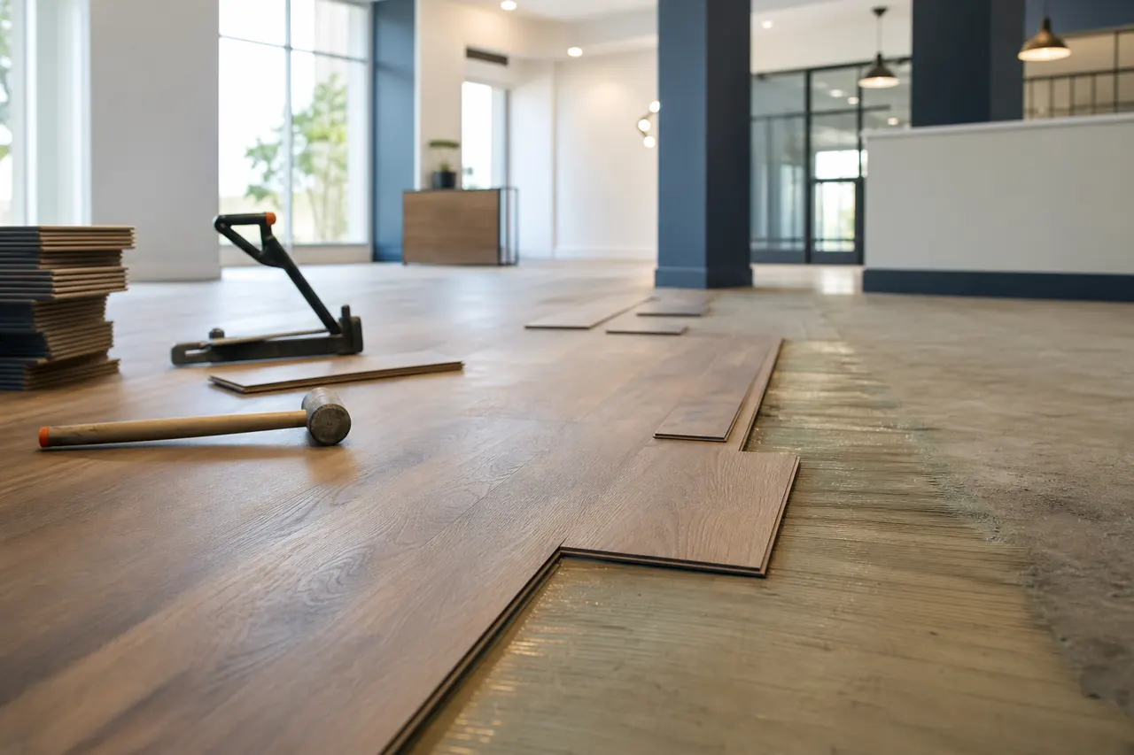 Flooring being installed in a commercial space